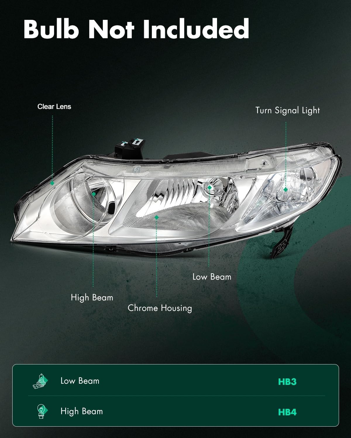 SCITOO Headlight Assembly Fit 2006-2011 for Honda Civic Sedan Pair Headlamps Chrome Housing Clear Reflector 33151SNAA02