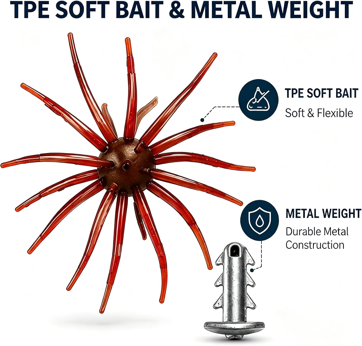 Sea Urchin Soft Baits 4.33" Floating Cube Tentacle Lures 5PCS, 3Pcs Anchor Metal Sinker Weights 3/32oz 1/16oz 1/18oz, Fresh & Saltwater Fishing Tackle for Bass Trout Crappie Drop Shot Wacky Neko Rig