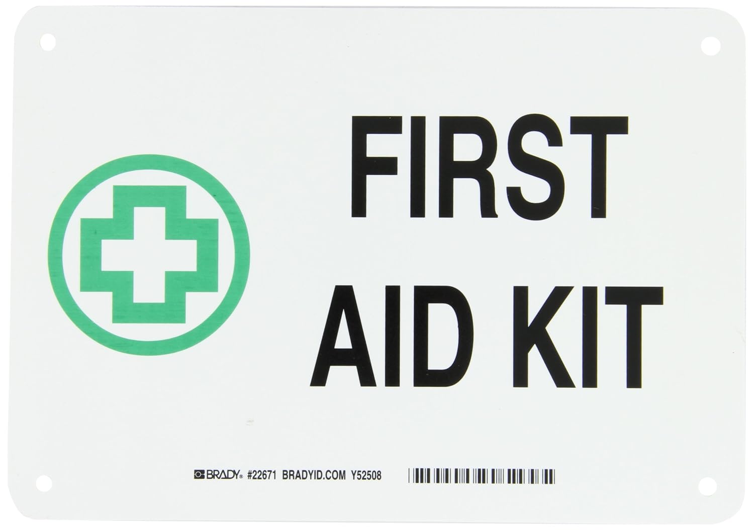 Brady 22671 10" Width x 7" Height B-401 Plastic, Green and Black on White First Aid Sign, Legend "First Aid Kit" (with Picto)