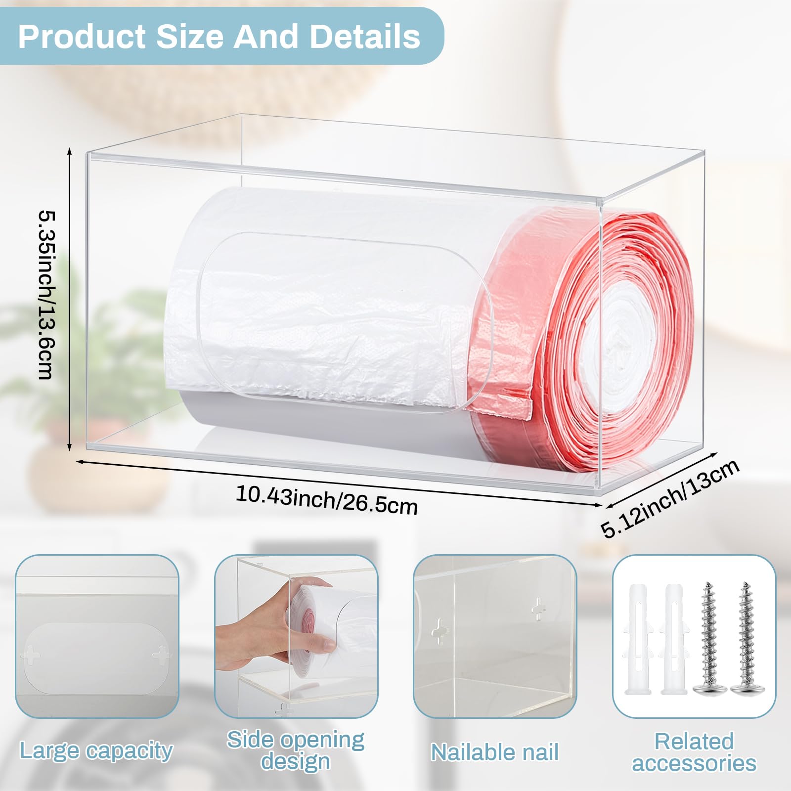 Suzile 3 Pcs Acrylic Trash Bag Dispenser Clear Garbage Bag Dispenser Roll Holder Wall Mount Trash Bag Holder Organizer for Home Organization Grocery Bag Plastic Bag Kitchen Offices Bathrooms Pantries