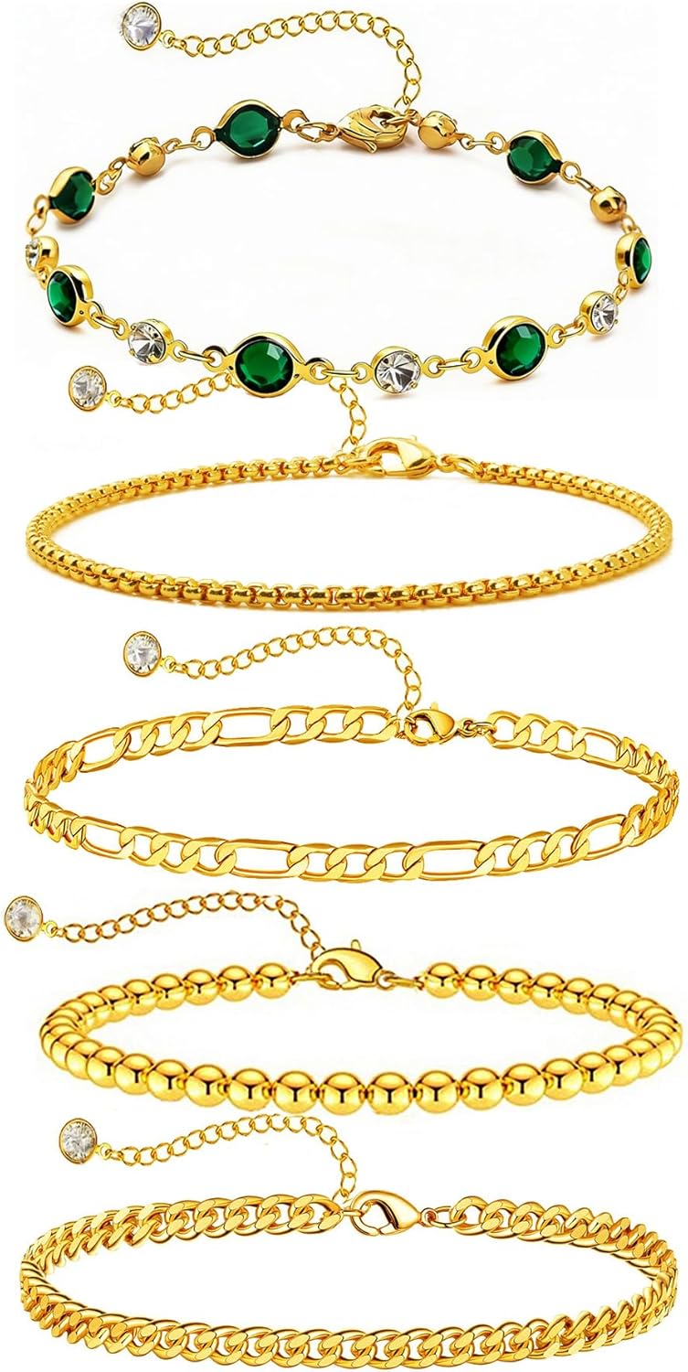 Gold Bracelets for Women,18K Gold Plated 5PCS Set Dainty Stackable Paperclip Chain Bracelets,Jewelry Gifts for Lover Mom Friends