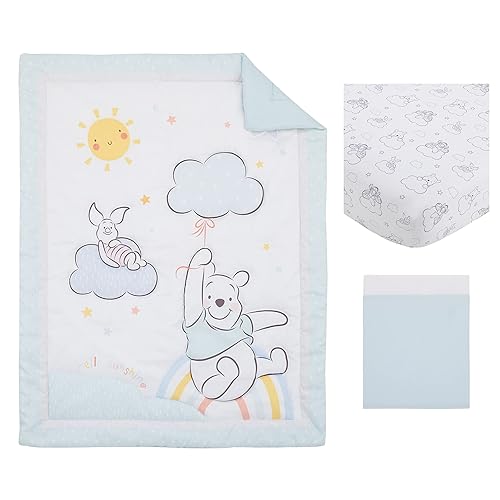 Miniatura 5 de Disney Winnie The Pooh Hello Sunshine - Juego de ropa de cama multicolor para cuna, 3 piezas, diseño de arcoíris, sol amarillo y nubes azules,