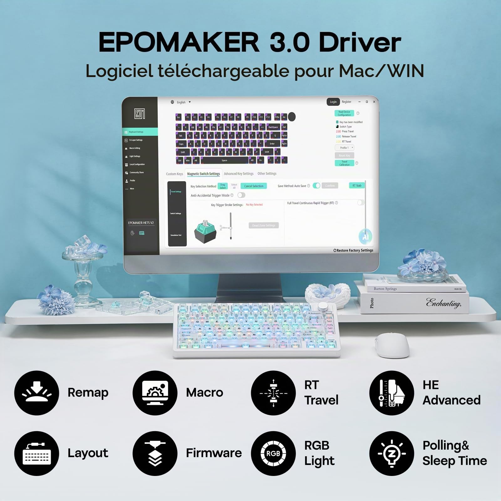 EPOMAKER HE75 V2 Clavier Gamer à Effet Hall, Interrogation 8K&0,1ms, 8000mAh&2,4GHz/BT, Switch&Bouton Hot-Swap, Actuation Réglable 0,005mm, Clavier Magnétique Rapid Triggering, Thocky, QWERTY (Blanc)