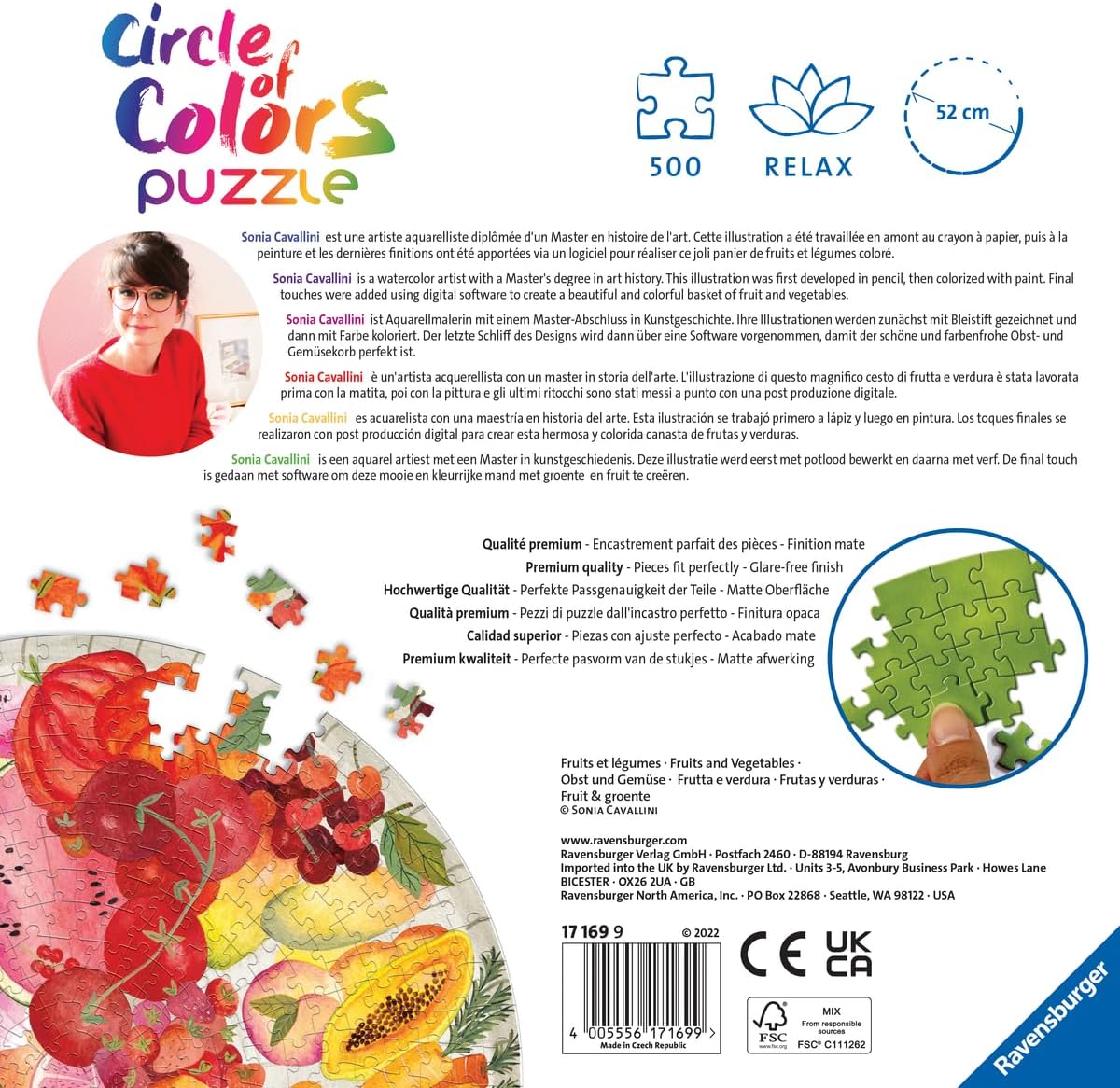 Ravensburger Circle of Colors: Fruits and Vegetables 500 Piece Round Jigsaw Puzzle for Adults & Kids - Unique Softclick Technology | Vibrant Matte Finish | Sustainable Forest Materials