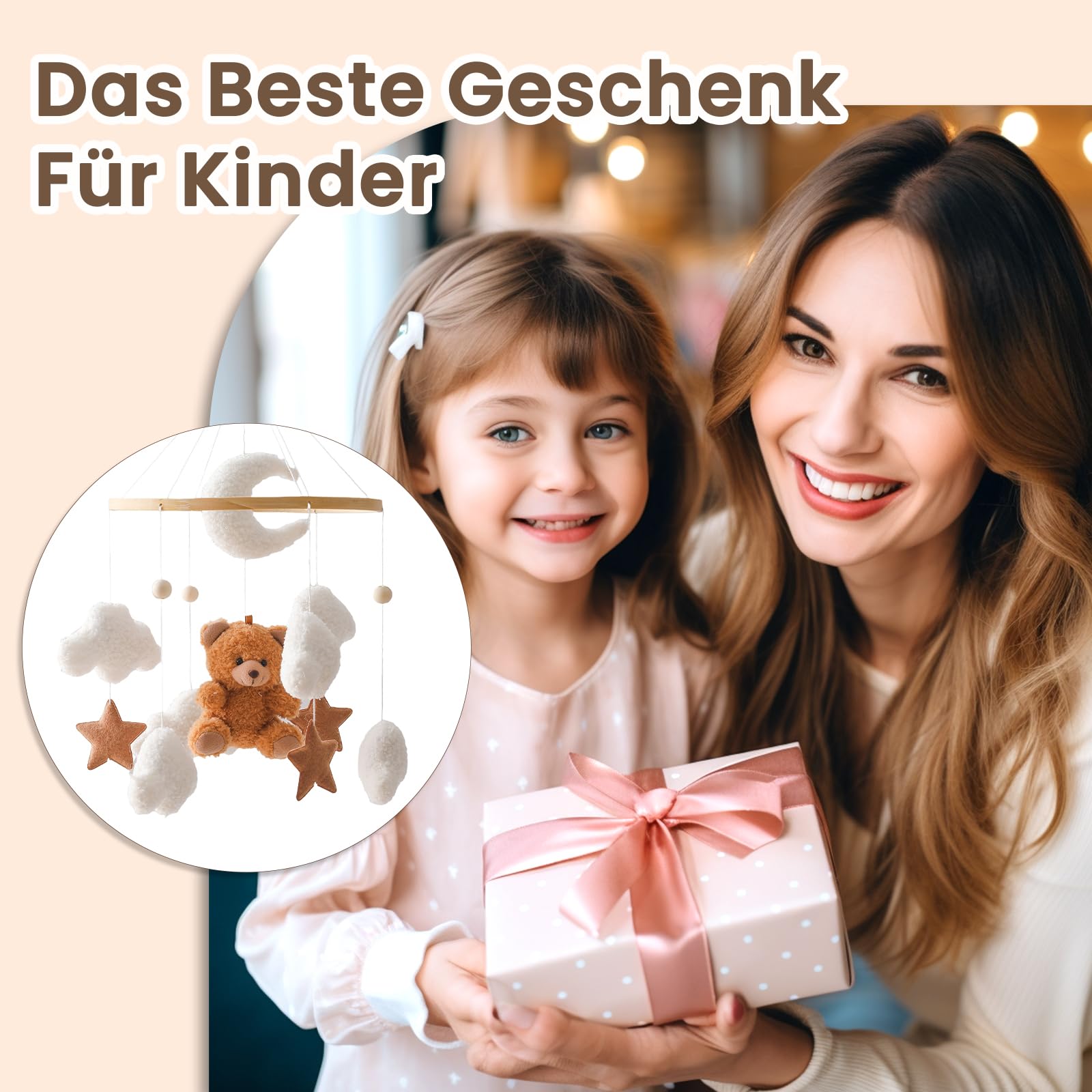 Herfair Cloche de lit mobile pour bébé avec ours en peluche - En bois - Carillon mobile à suspendre - Pour lit de bébé - Marron