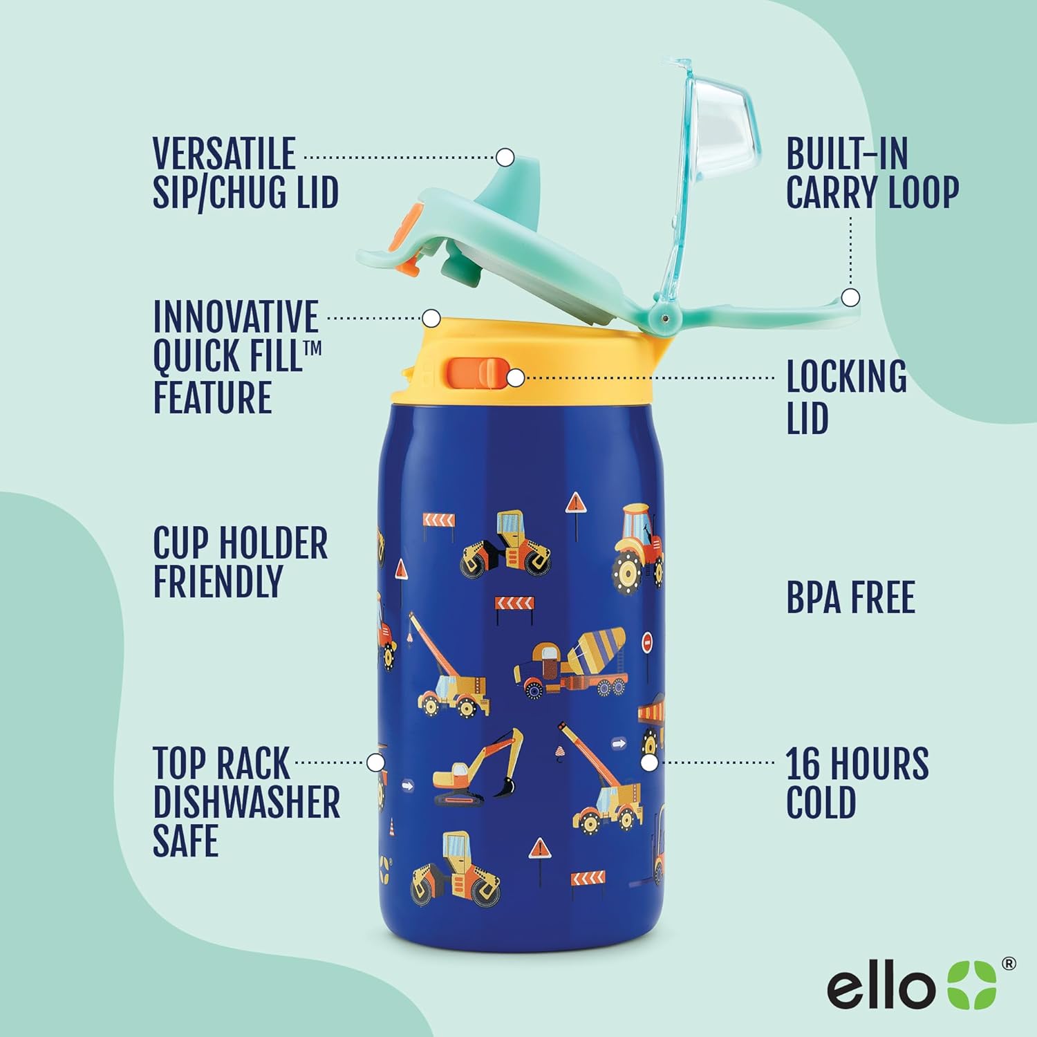 Ello Pop & Fill 12oz Stainless Steel Kids Water Bottle with Quick Fill Lid | Vacuum Insulated BPA Free Bottle with Leak Proof Straw and Chug Lid, Dishwasher Safe, Gift For Kids, Construction Site - Image 4