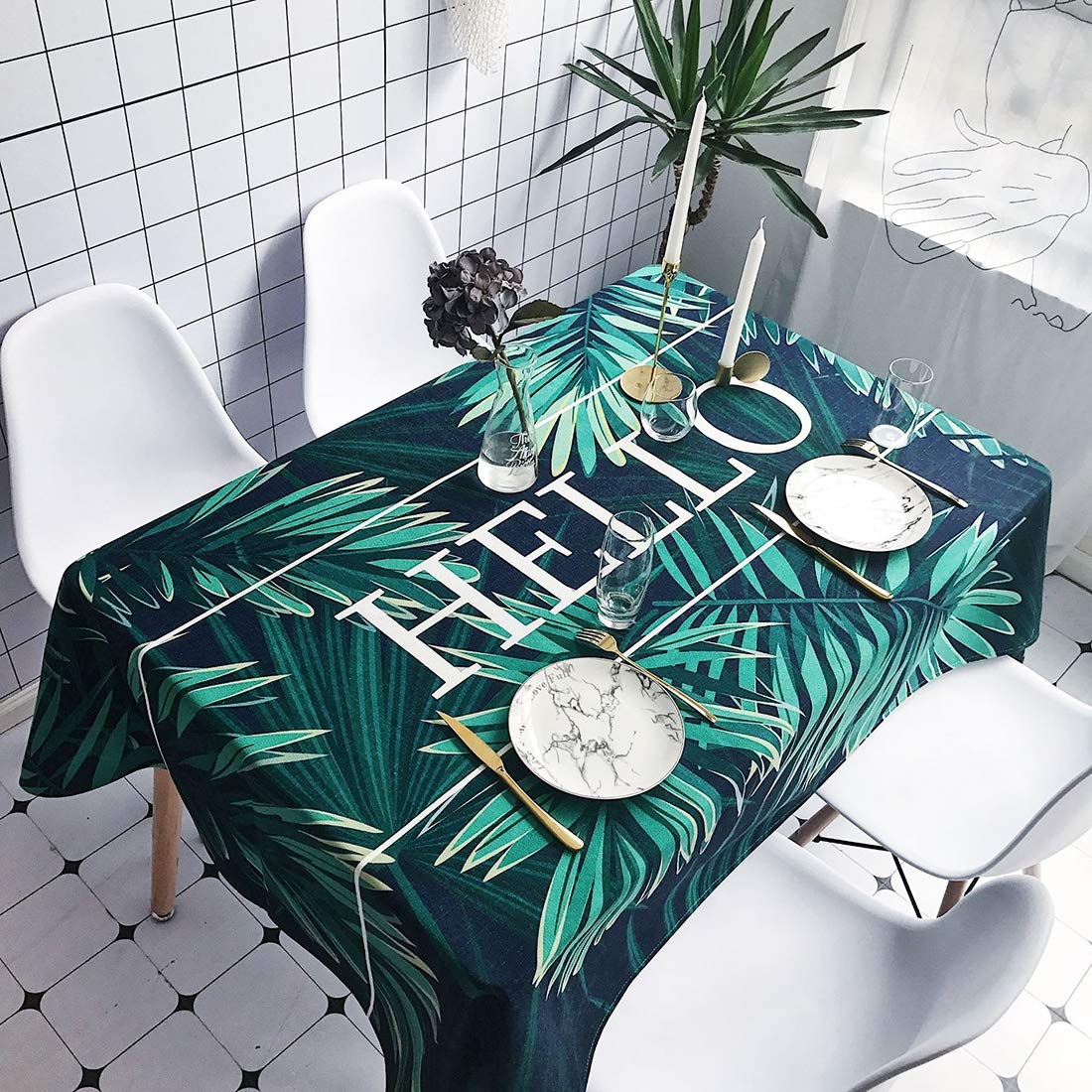 Nappe rectangle étanche et anti-tache 140x100 en coton lin feuilles de palmier