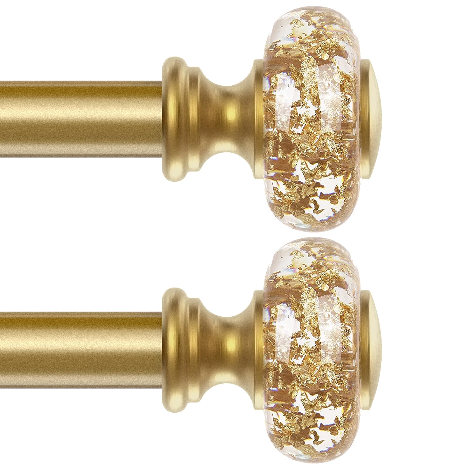 2 Pack Gold Curtain Rods for Windows 28-48 Inch: 1 Inch Adjustable Acrylic Drapery Rod with Translucent Gold Foil Finials- Single Decorative Curtain