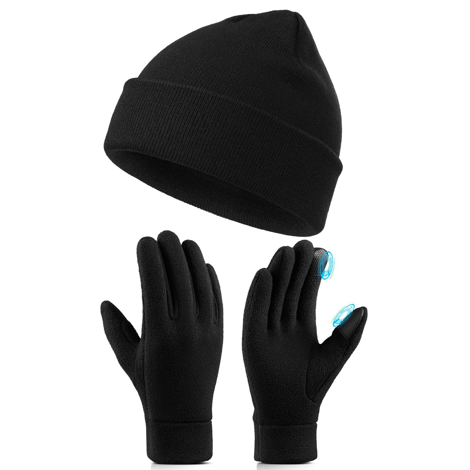 Winter Gloves Beanie Hat Set: Men Women Polar Fleece Touchscreen Gloves Skull Cap Set for Cold Weather Black Grey-image-4