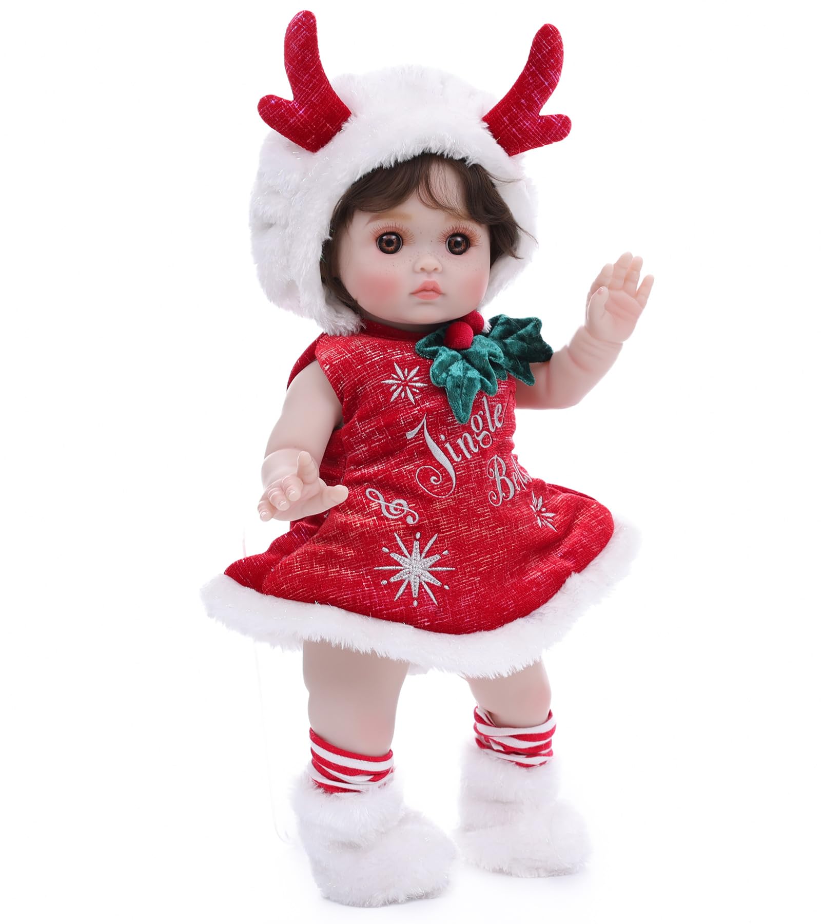 Photo 1 of Cloveray Baby Dolls, 18 Inch Realistic Reborn Full Vinyl Baby Doll with Brown Curly Hair, Hand-Painted Freckles & Cozy Red Outfit for Girls Ages 3+, Pretend Play, Display & Collection