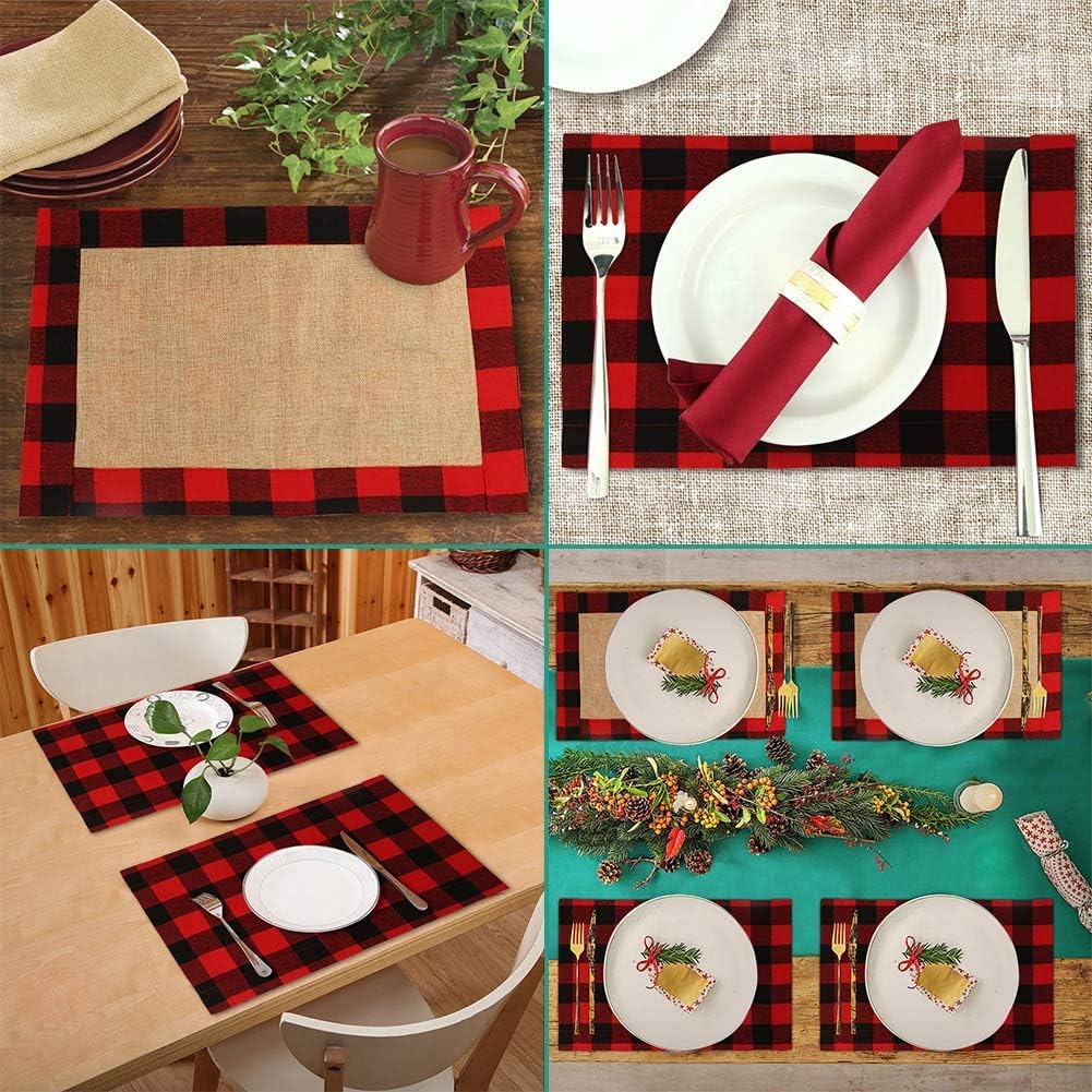 Buy 1 get 1 AerWo 6pcs Christmas Buffalo Plaid Placemats, Waterproof Cotton & Burlap Red and Black Buffalo Check Placemats for Christmas Holiday Table Decorations