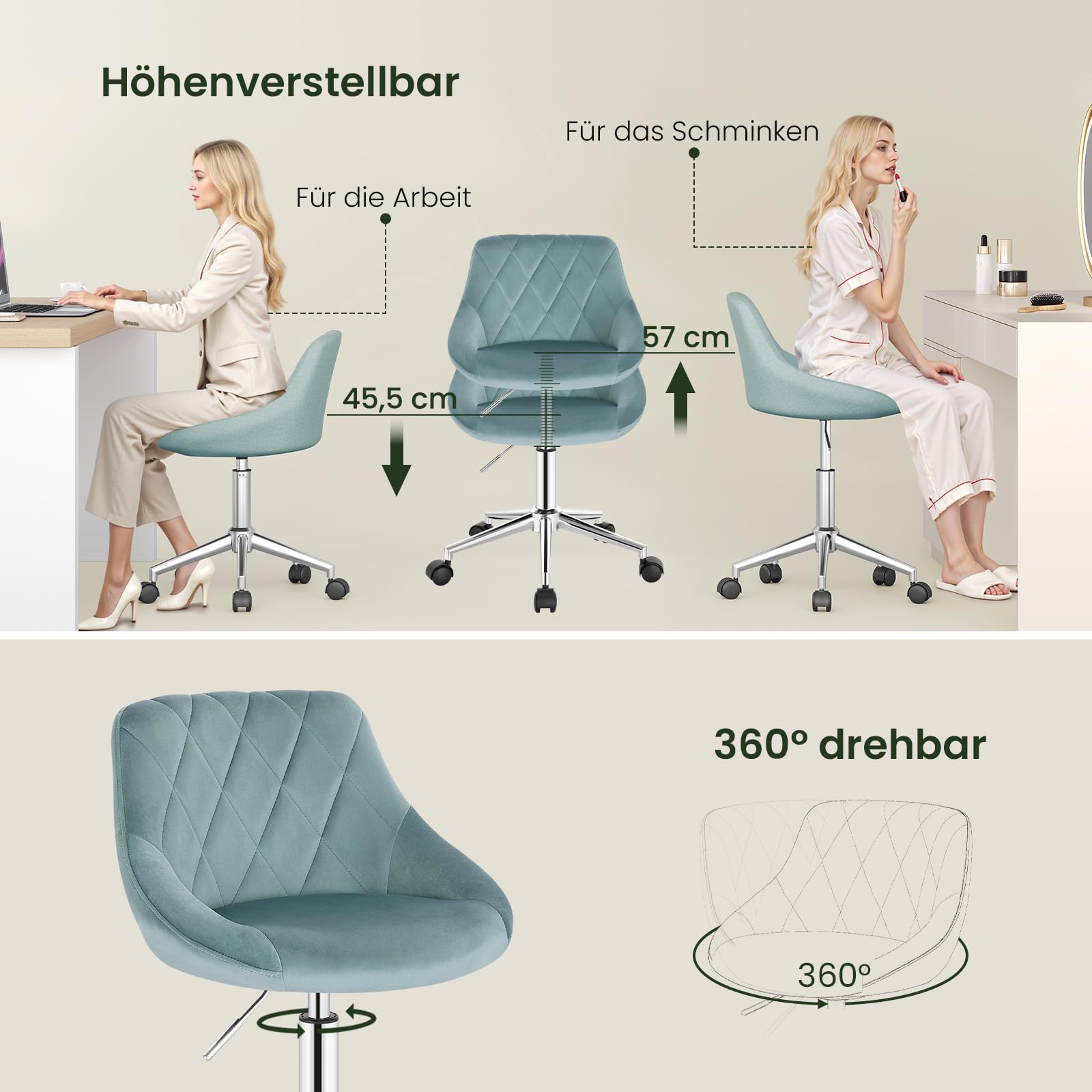 EUGAD Schminkstuhl, Homeoffice Stuhl, Schreibtischstuhl, Samt, Türkis | Multifunktionaler Kosmetikhocker, Bürostuhl Kinder, höhenverstellbar Drehstuhl mit Rollen