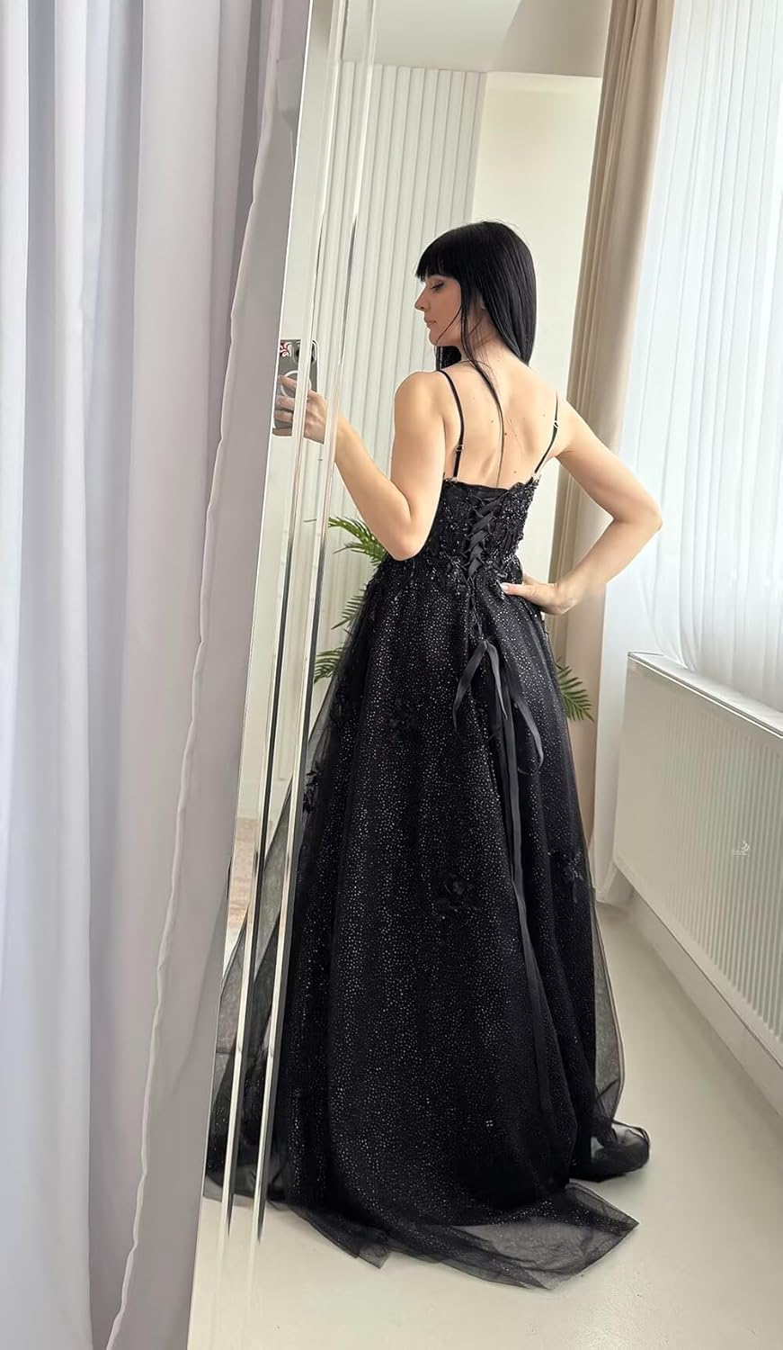 Wchecalino Sparkly Glitter Tulle Applique Prom Dresses Long 2026 Spaghetti Straps Corset Evening Gowns with Slit