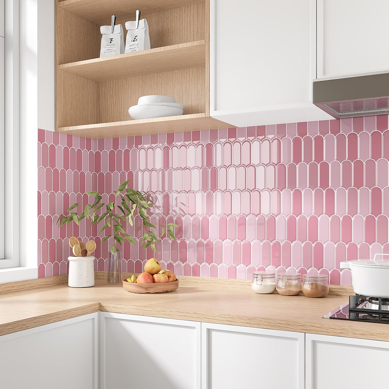 VEELIKE Feather Stick on Backsplash Tile 6 Sheets Pink Peel and Stick Tile for Bathroom Kitchen Wall Self Adhensive Waterproof Renter Friendly Back Splash Sticker 12''x12'' for Kitchen Laundry Room RV