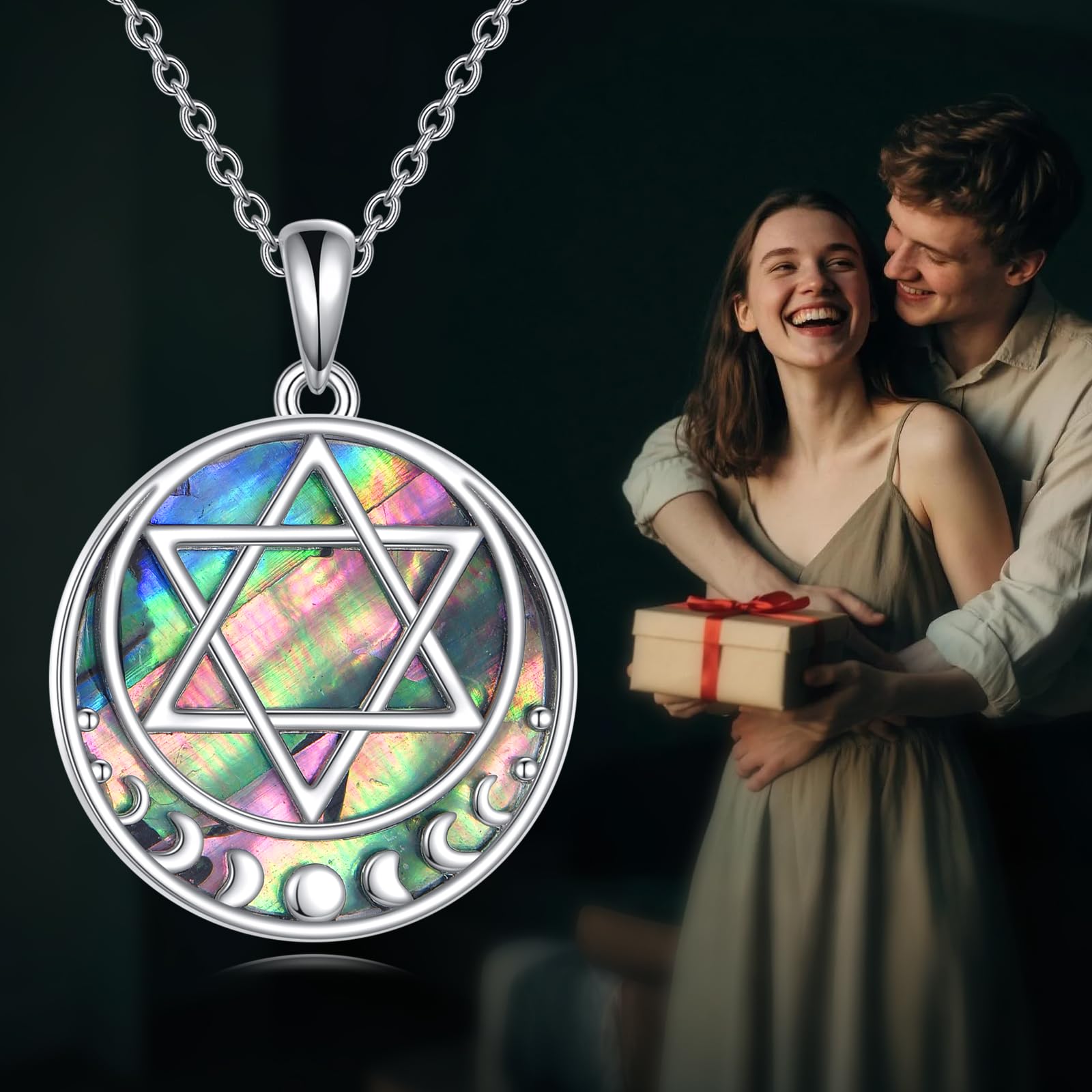 Collana con ciondolo a forma di stella di David, in argento Sterling 925, con conchiglia di abalone e fasi lunari, gioiello da donna
