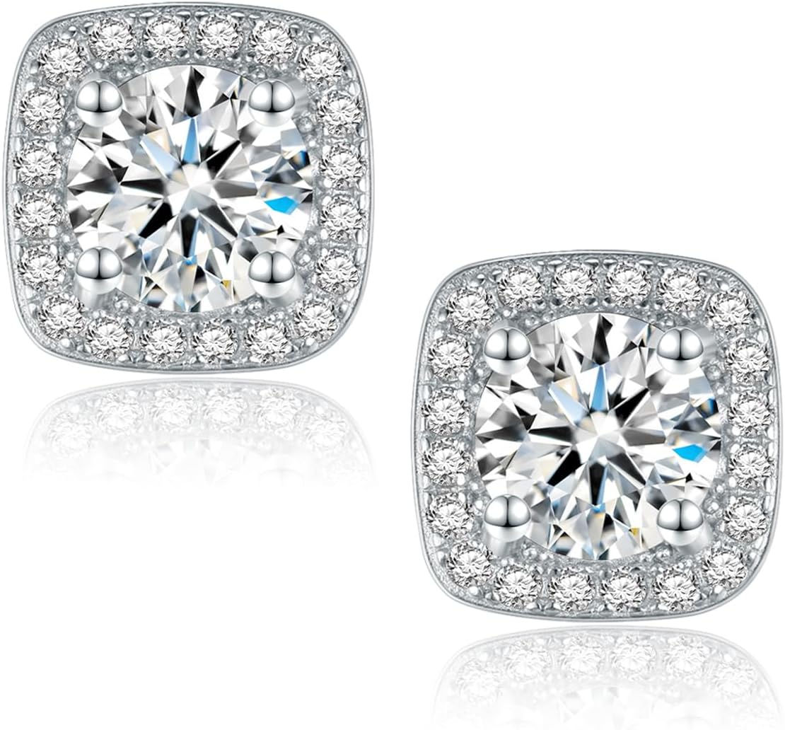1-4CT Moissanite Stud Earrings, Halo Square D Color Ideal Cut 925 Sterling Silver Earrings for Women with Certificate of Authenticity