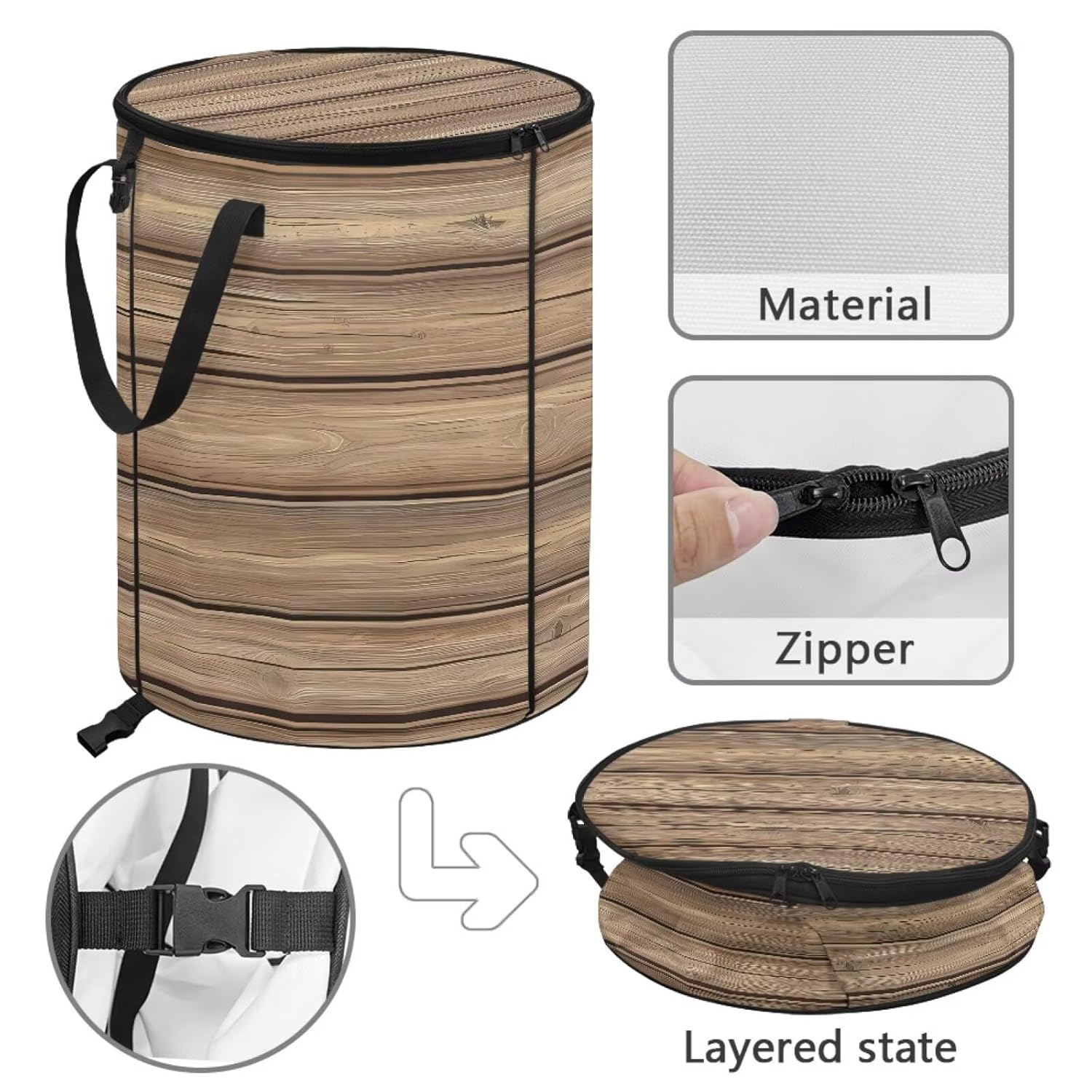 BIGCARJOB Wood Grain Camping Trash Can Collapsible Garbage Bin with Lid, Recycling Pop-up Big Trash Can for Parties, 22.83x17.71 in