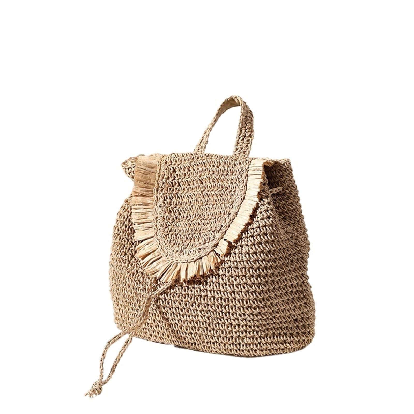 Zaino for il tempo libero con nappe intrecciate in paglia. Vacanza al mare