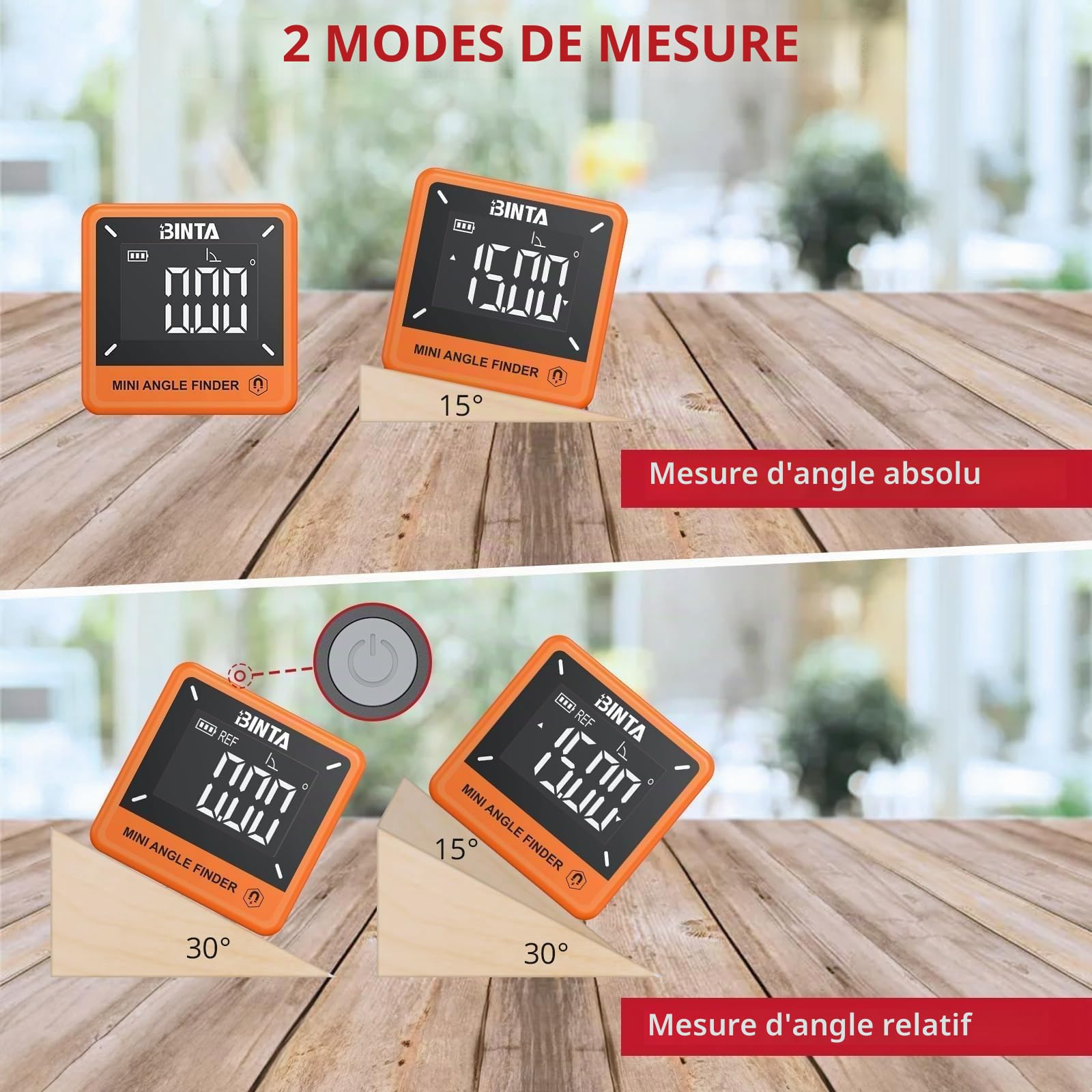 BINTA Inclinomètre Numérique Mini 4 x 90° ±0,2°, Mesureur d’Angle Digital 0,05° Résolution, Base Magnétique Rechargeable USB Type-C IP54, Mesure Relative/Absolue, pour Menuiserie et Chantier