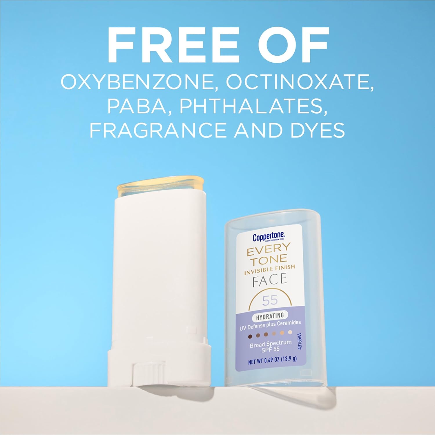Coppertone Every Tone Invisible Finish Hydrating UV Defense Face Sunscreen Stick SPF 55 with Moisturizing Ceramides, Blends in Clear Sunscreen for All Skin Tones, 0.49 Oz Stick