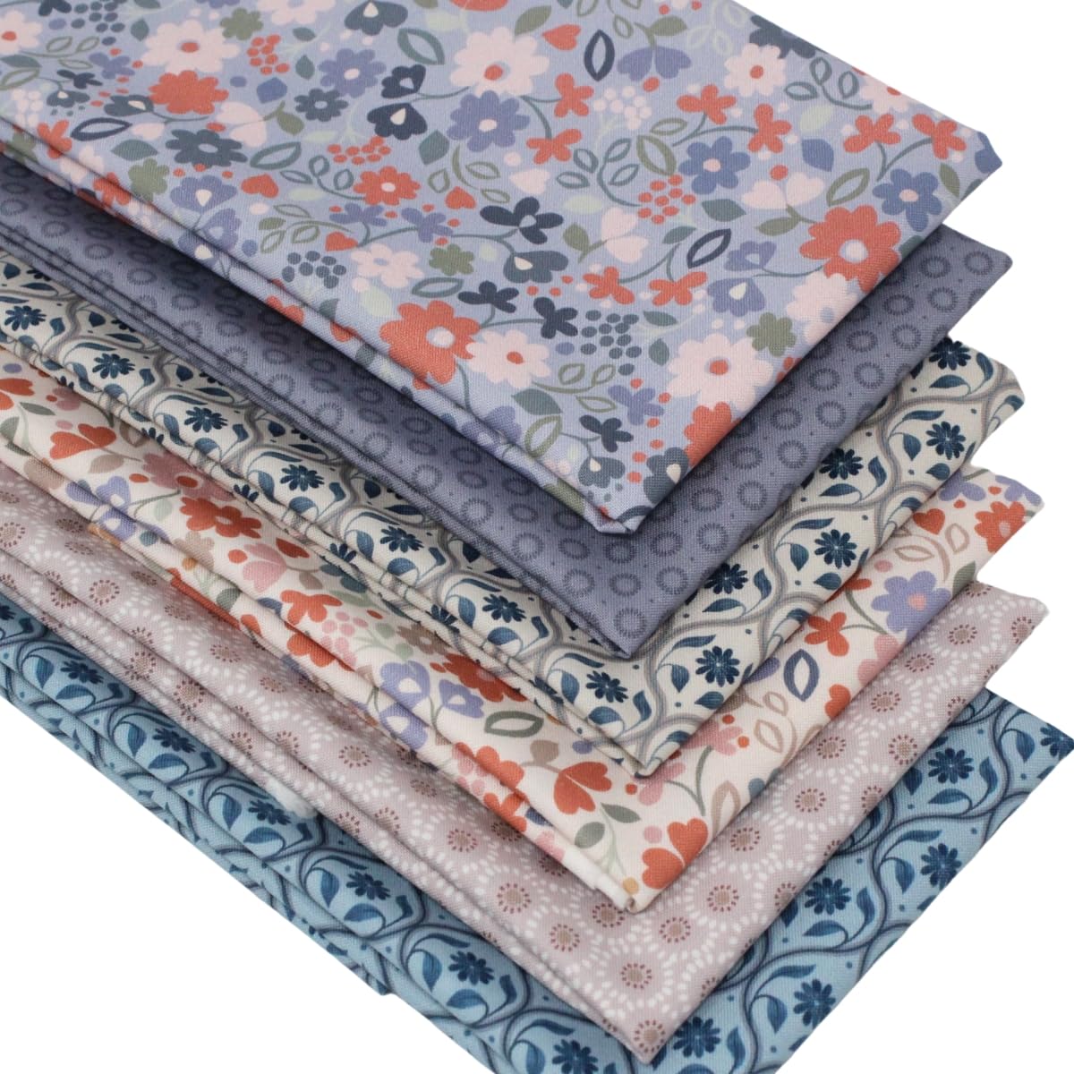 6 Fat Quarters Bundle - 'Blue Bloomscape' Floral and Coordinating Fabrics in Blue, Beige & Peach. 100% Cotton for Quilting, Patchwork & Crafting (with Free Patchwork Pattern by Overdale Fabrics)