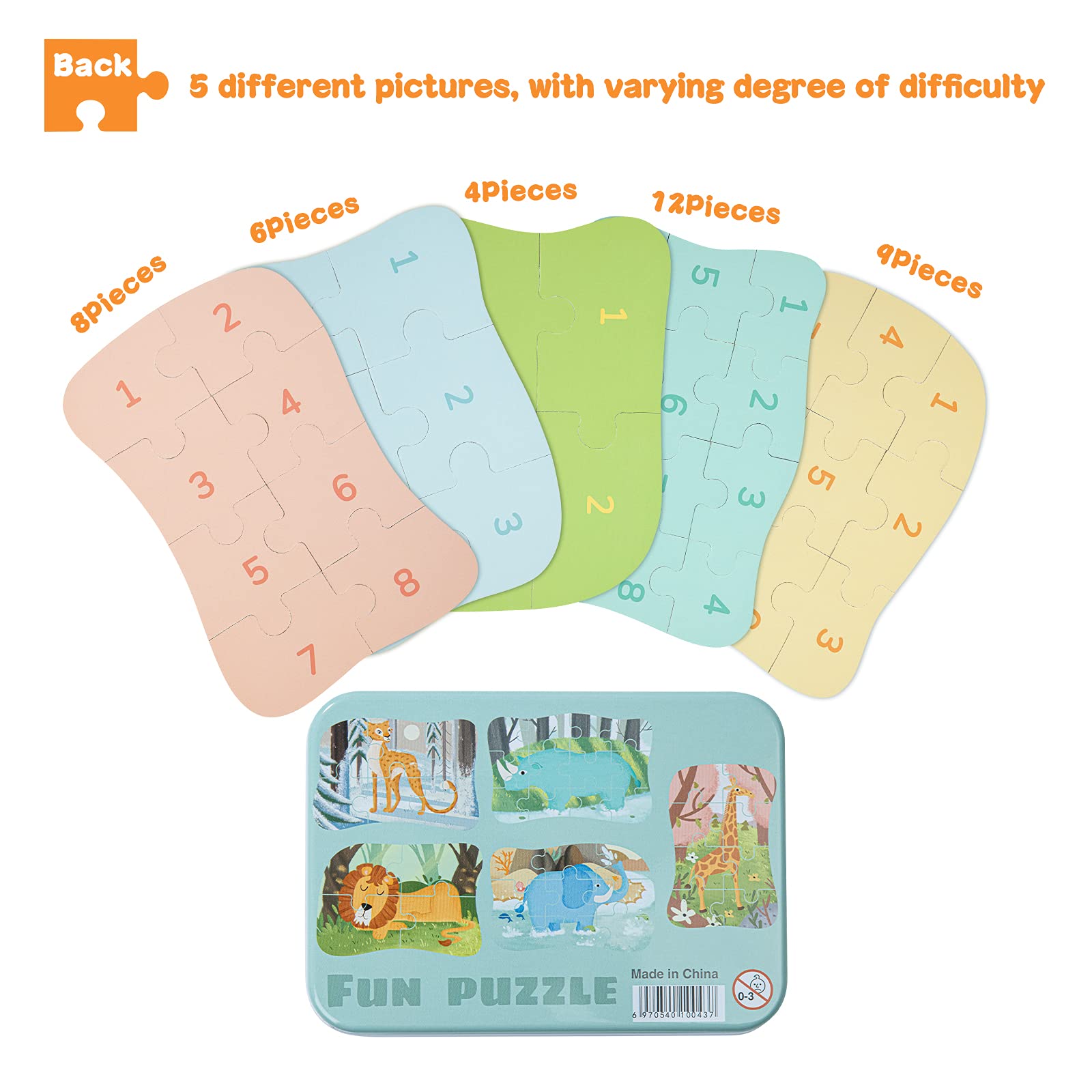 BBLIKE Puzzle per bambini, puzzle dinosauro per bambini, 5 immagini puzzle, adatto per ragazzi e ragazze, puzzle in legno a partire dai 3 ai 4 e 5 anni (Elefante)