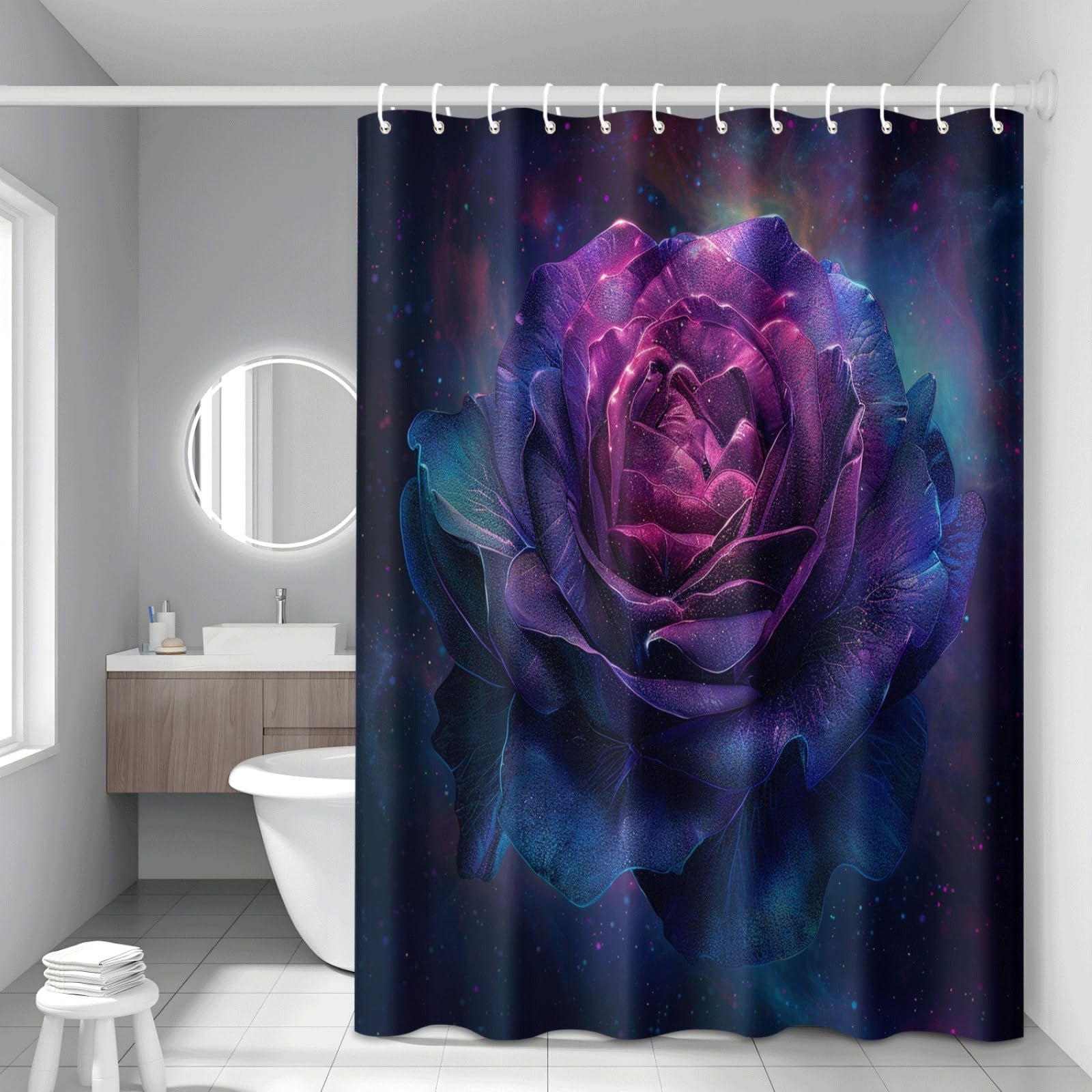 Shower Curtain Purple Rose Mould Resistant Shower Curtains for Bathroom Washable Polyester Bathroom Curtains Decor Wet Room Quick Dry Anti Mould Bath Curtain with 12 Hooks 120x180cm
