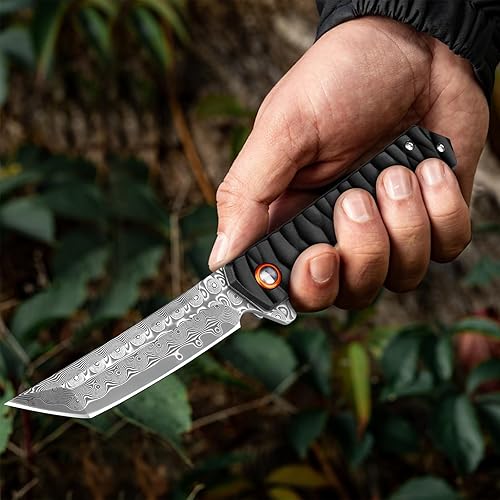 Miniatura 3 de KOMWERO Cuchillo plegable para hombres, cuchillo de bolsillo de Damasco con mango antideslizante de aluminio, cuchillo EDC para regalo de camping