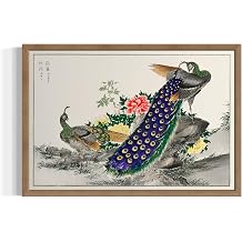 Peacock and Peony Wall Art Print Poster, Bird Chinese Ancient Architecture Painting, traditional Ink Vintage Wall Art, for Bedroom and Living room Bathroom Decor 119 Peacock and Peony, 14"L x 11"W, Wood Frame