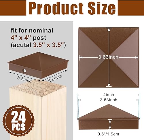 Miniatura 3 de Paquete de 24 tapas de aluminio para postes de valla de 4 x 4 pulgadas, cubiertas de metal para postes nominales de 4 x 4 pulgadas (real de 3.5 x