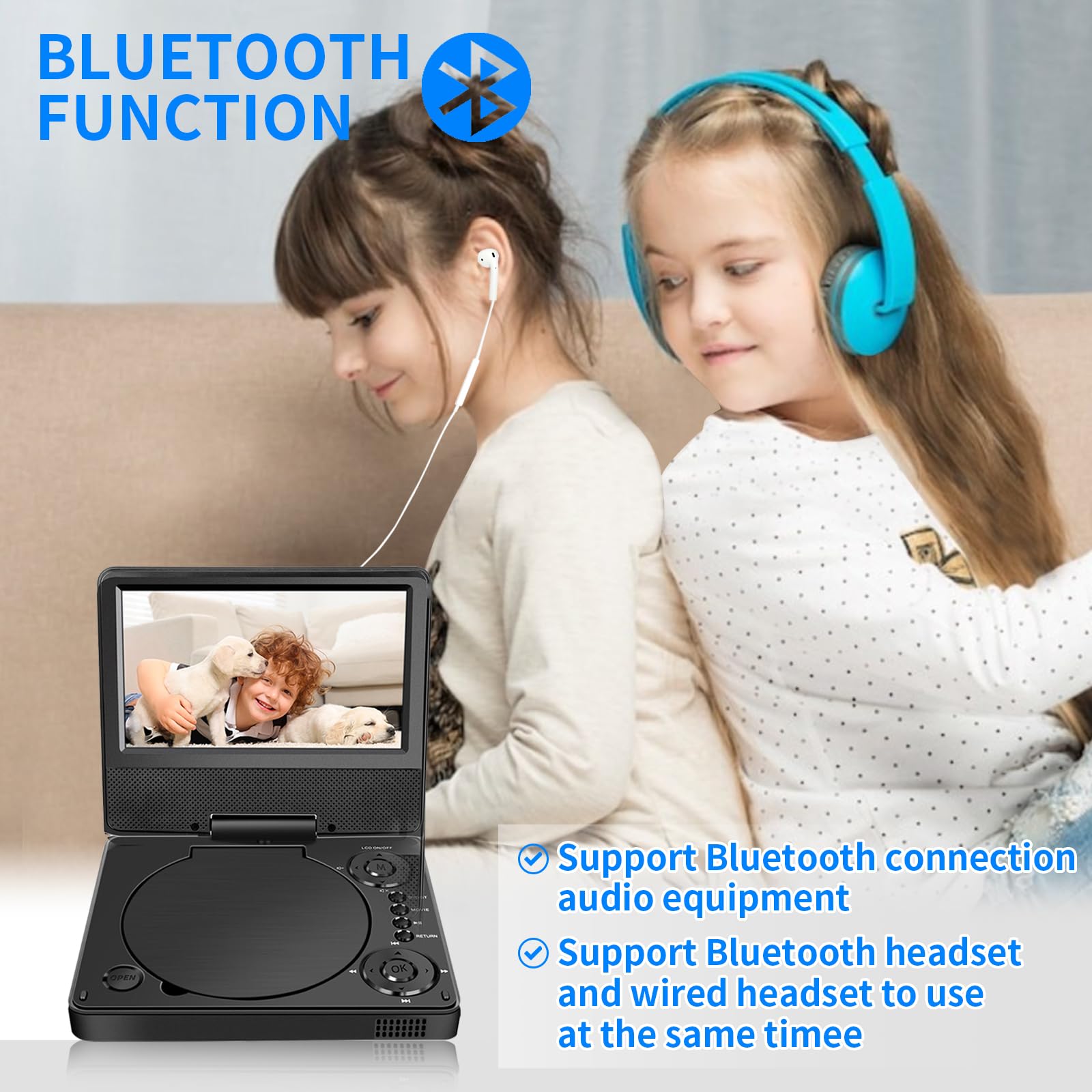 9,5" Bluetooth Tragbarer DVD Player YOOHOO mit 7,5" HD Bildschirm für Kinder,für unterwegs,Auto Fernseher für kopfstütze, alle Regionen kostenlos, Wiedergabe Aller Formate MKV/MP4/WAV/AVI/MP3/CD/1080P