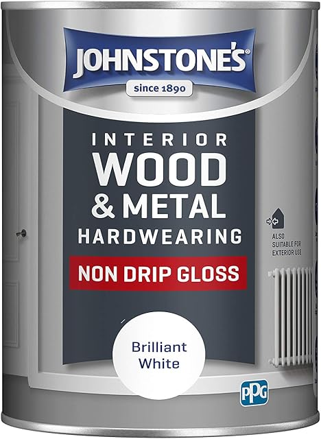 Johnstone's - Interior Wood & Metal Hardwearing - Brilliant White - High Sheen - Non Drip - Gloss Finish - Suitable Paint Interior & Exterior - Dry in 16-24 hours - 17m2 Coverage per Litre - 1.25L