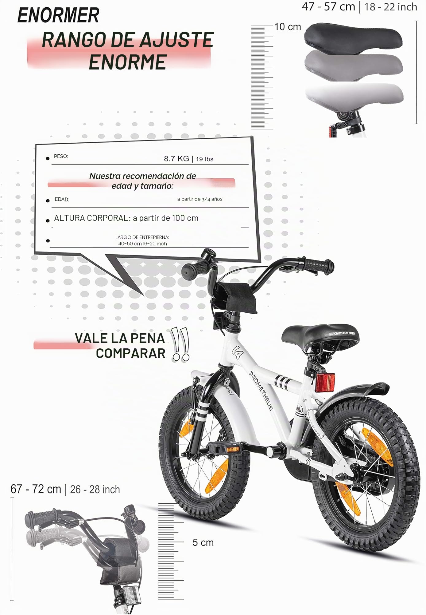 PROMETHEUS BICYCLES Bicicleta niño 4 años Bicicleta niña 4-6 años 14 Pulgadas Bici niños - Infantil con Pedales ruedines y Freno contrapedal Blanco