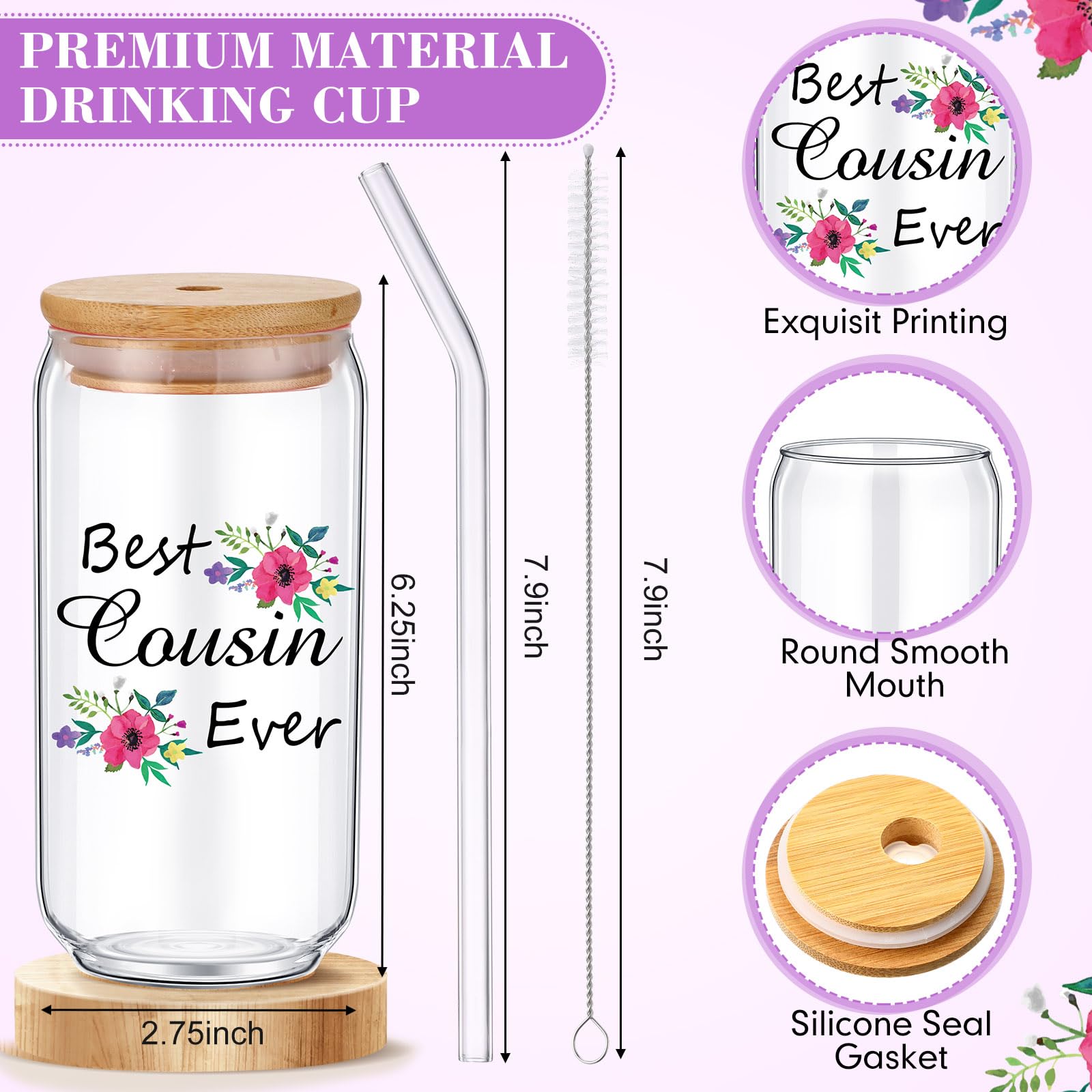 Pickmesh 7 Pack Cousin Gifts for Women, Thank You Best Cousin Ever Themed Gift for Birthday, Canvas Tote Bag, Makeup Bag, 16 oz Coffee Glass Cup, Socks, Stone Bracelet, Greeting Card and Box