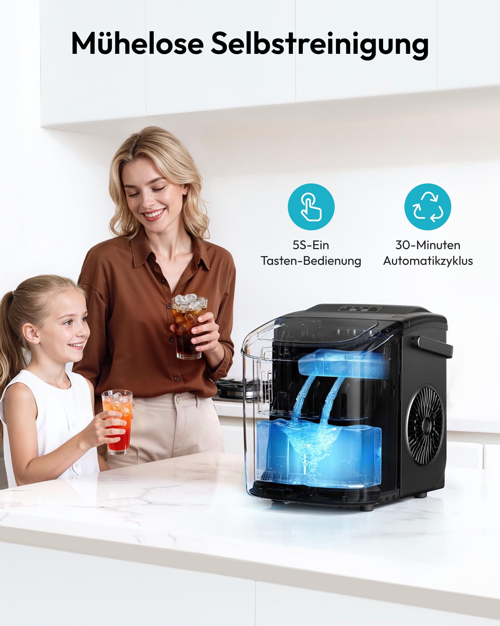 EUHOMY Eiswürfelmaschine 12KG Ice Maker Selbstreinigend Schwarz Tragbarer Griff