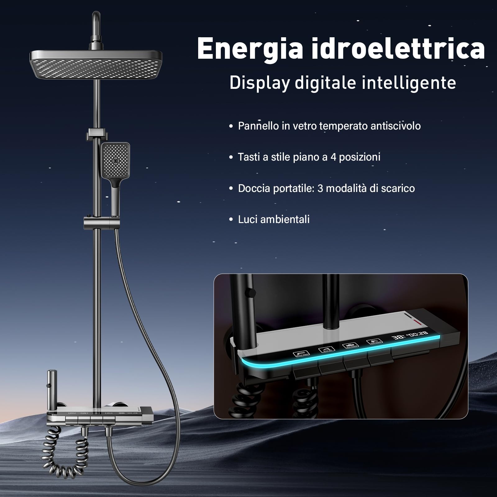 Sistema Doccia con Termostat con display digitale a LED, soffione doccia XL a pioggia, doccetta, getto ausiliario e rubinetto a cascata – Acciaio inossidabile – Colonna Doccia Regolabile