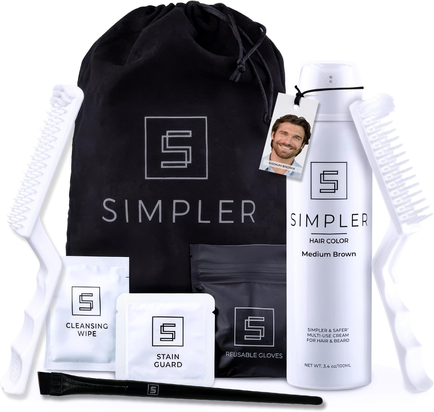 Medium Brown Mustache and Beard Upgraded Brush Kit it with 3 Brushes Included for Precision Application - Gentle, Effortless 100% Gray Hair Coverage for Hair and Beard