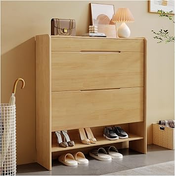 ARMERI Shoe Cabinet Rubber Wood, with Drawers, 2-Tier Shoe Storage Cabinet with Flip Doors, 20 Pair Shoe Rack Organizer, Entryway Shoe Storage Cabinet for Heels, Boots, Slippers,Raw Wood