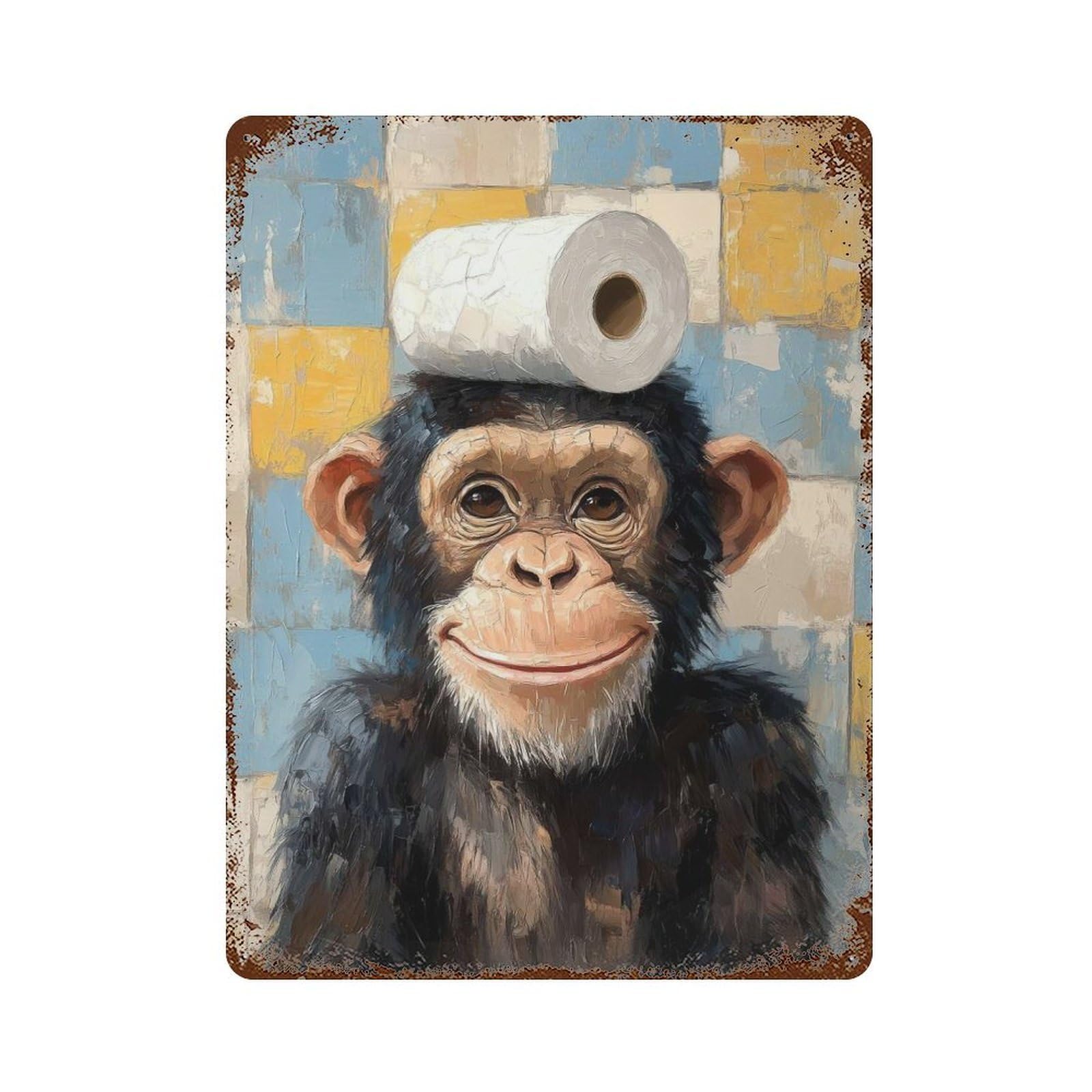 Chimpanzee with Toilet Paper Decorative Tin Sign 15.7"x11.8", for Bistro, Counter And Cafe Decor, Classic Wall Plaque
