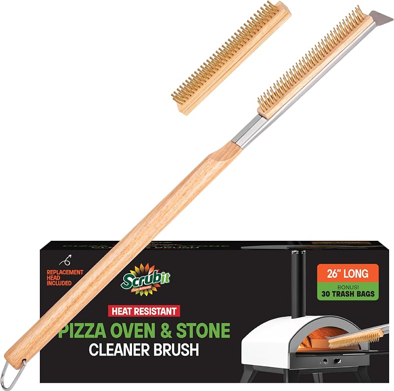 26" Pizza Oven Brush with Scraper, Heat Resistant - Stainless-Steel 2-in-1 Pizza Stone Brush with Pizza Stone Cleaner, Includes 2 Brush Heads and 30 Waste Bags - Works with Ooni Pizza Oven