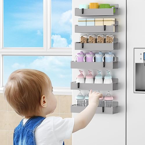 Miniatura 7 de Paquete de 6 organizadores magnéticos de almacenamiento de especias para refrigerador y horno, organizadores de nevera ABS gris claro y