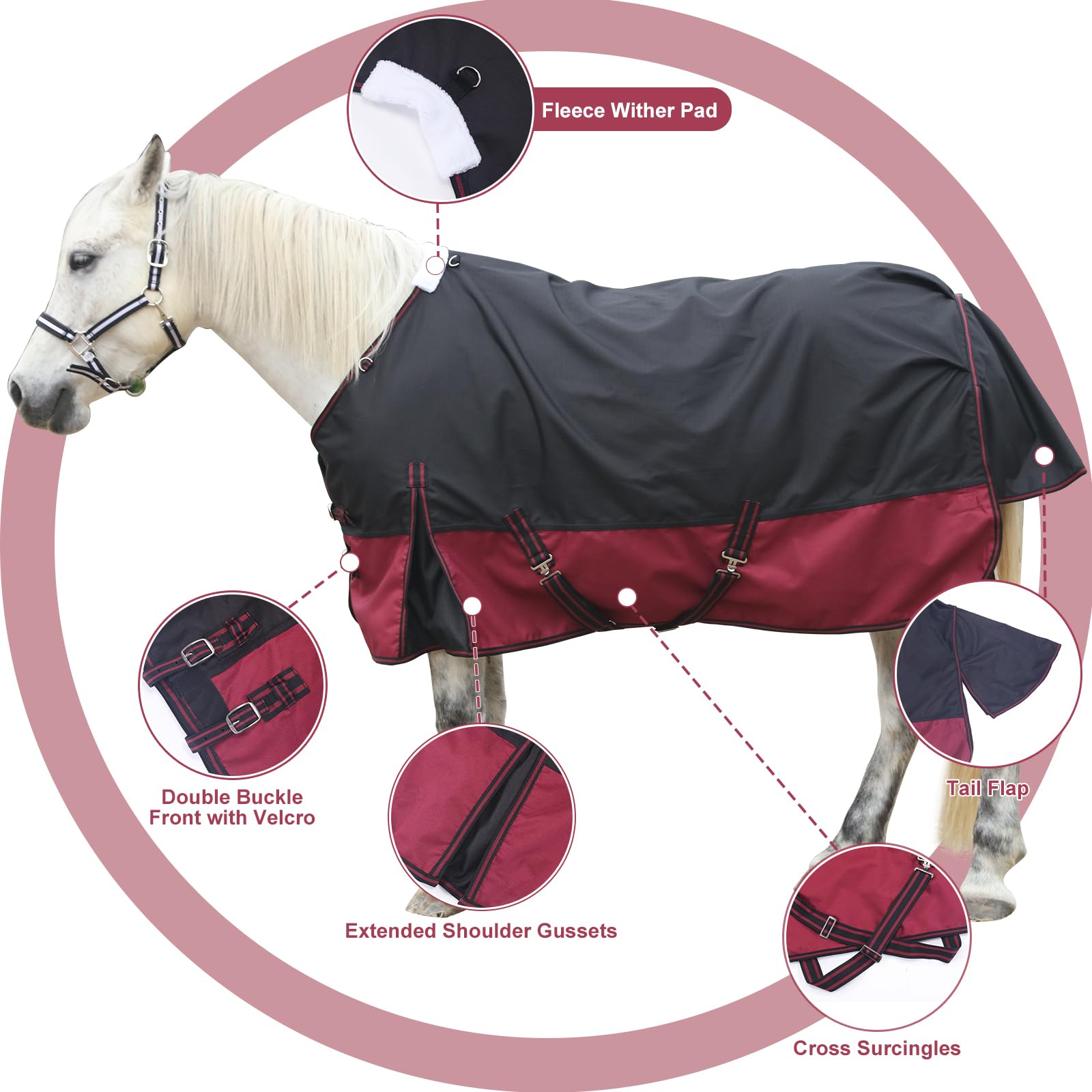 Gallopoff 1200D Ripstop Lightweight No-Fill Turnout Horse Rug, Waterproof & Breathable Standard Neck Outdoor Rain Sheet Black Red, 6'3" - Image 2