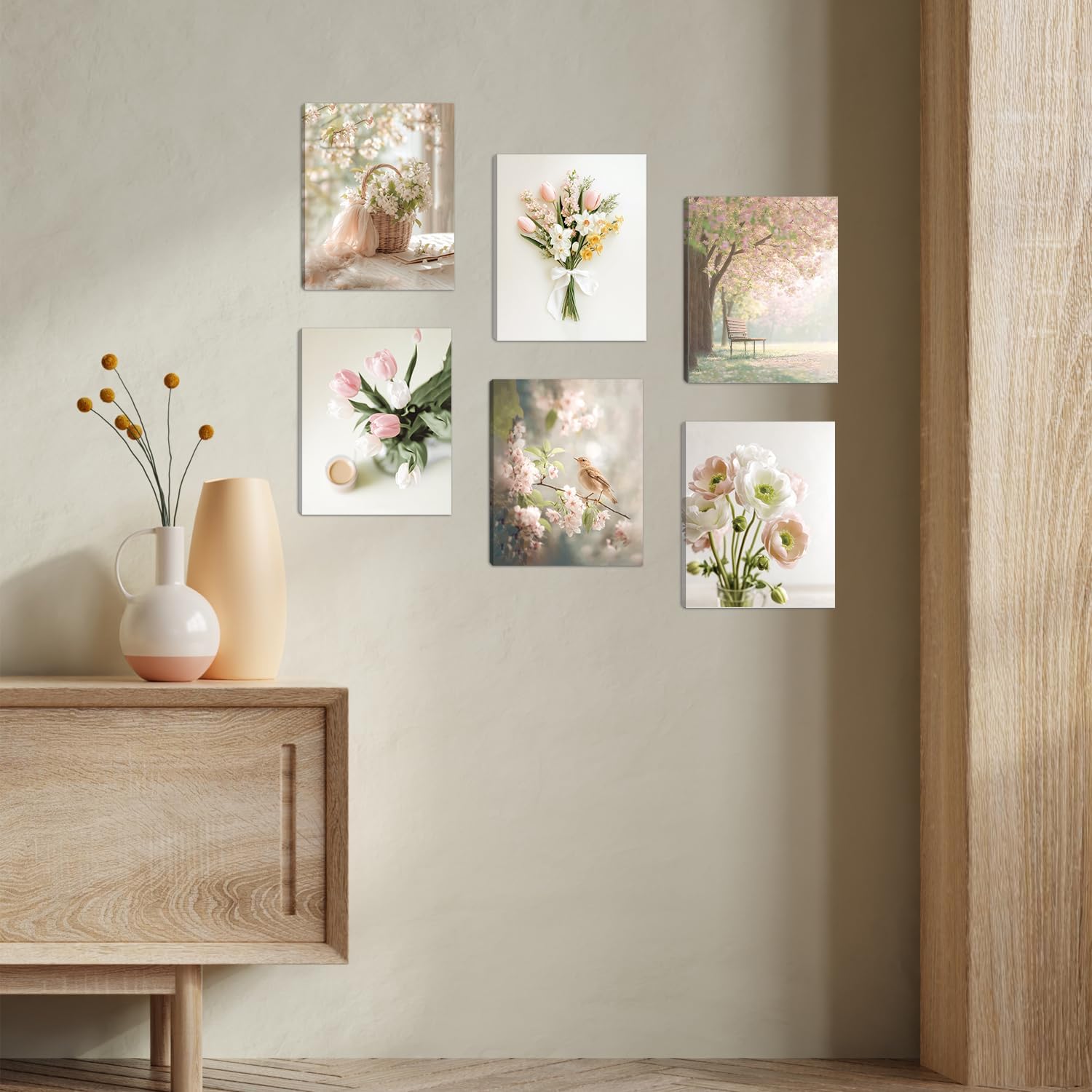 HOURIA 6Pcs Pastel Spring Framed Canvas Wall Art(12”x16”),Pink Tulip Floral Botanical Bird Wall Decor,Spring Decorations for Home Office