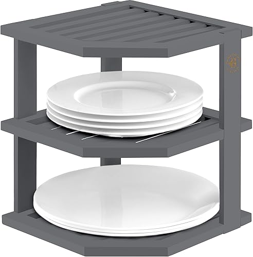 Miniatura 10 de Paquete de 2 organizadores de platos para gabinete, estante esquinero de bambú para almacenamiento de cocina o baño, estante que ahorra espacio