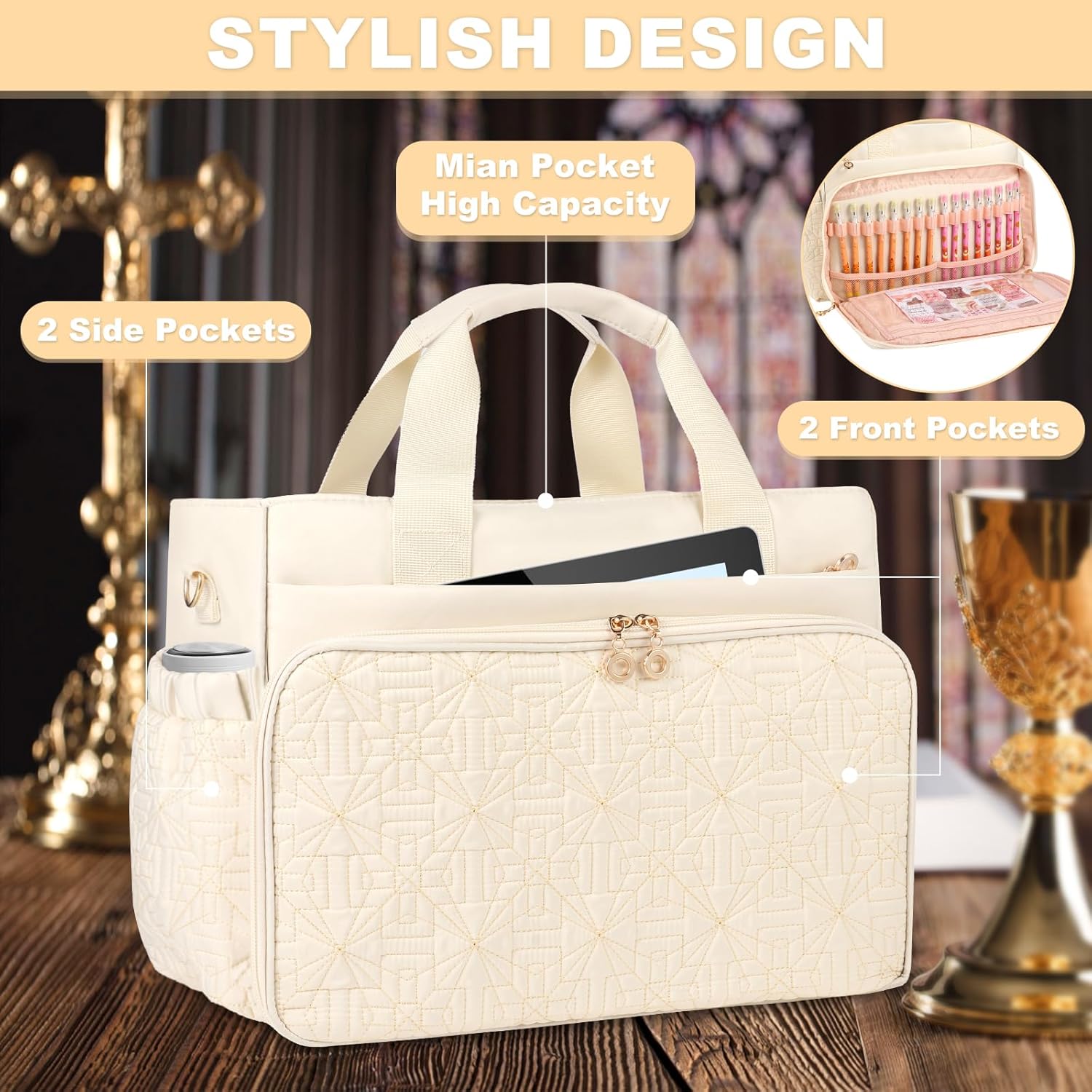 CTWWFS Christian Tote Bags for Women with Compartments, Church Bag with Pen Holders, Tote Bag with Zipper for Work and Travel - Image 6