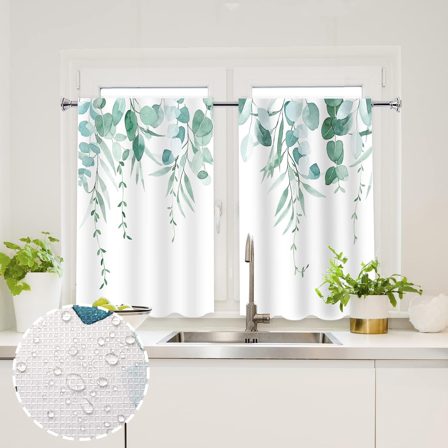 YISURE Sage Green Eucalyptus Shower Curtain and Window Curtain Set for Bathroom, 72x72 with 30x36 inches 2 Panels, Watercolor Leaves Plant Matching Shower and Window Curtains Bathroom Decoration