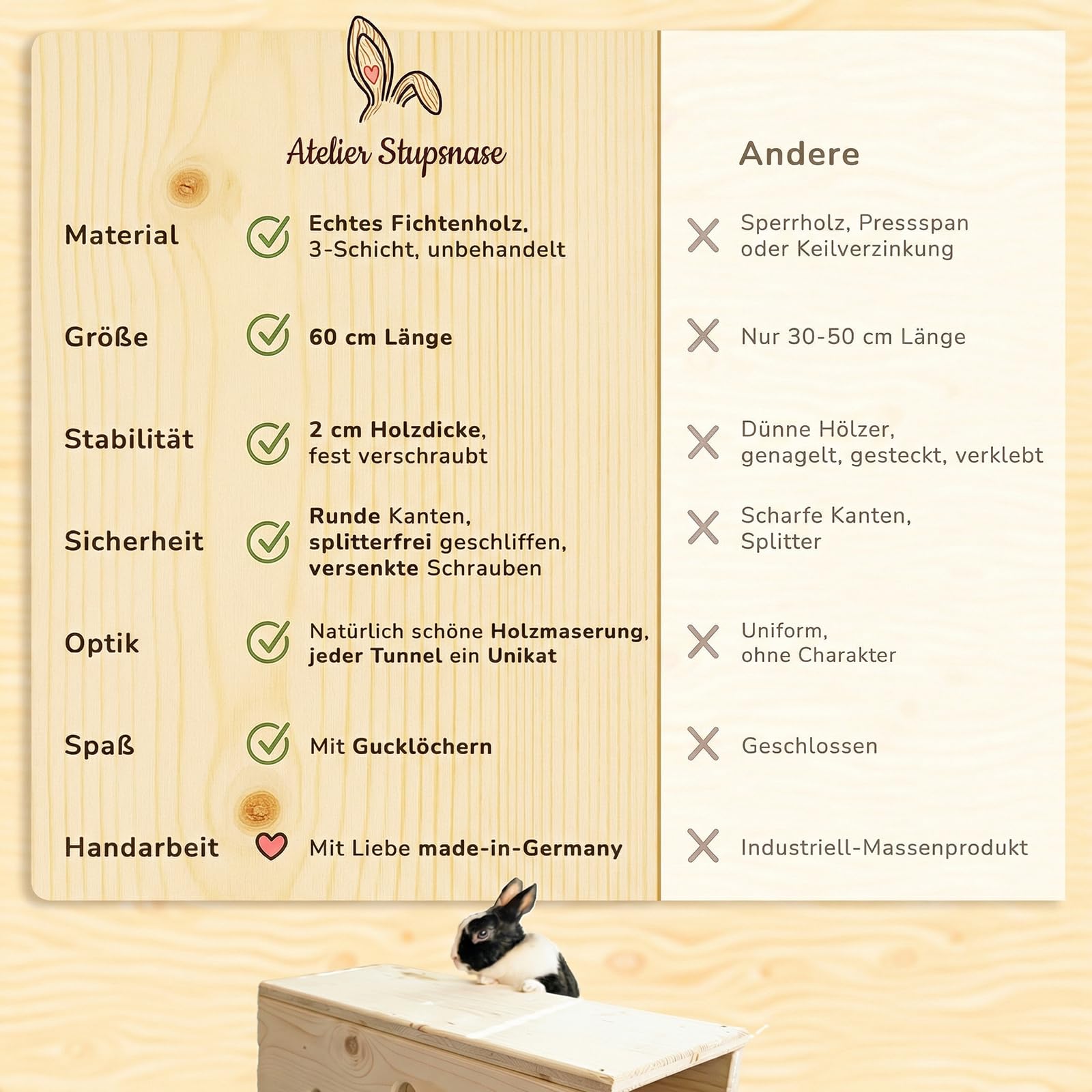 Holztunnel für Kaninchen aus massiver Fichte - 60 cm - Handgemachte Häuser für Kleintiere (Mit Schutzlack)