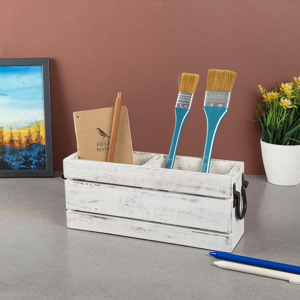 GoCraft 2-Compartment Wooden Caddy with Metal Handles – Rustic Whitewashed Organizer for Flatware, Kitchen Utensils, Office Supplies, Remotes, Makeup, Nightstand Storage, Desk & Home Organization