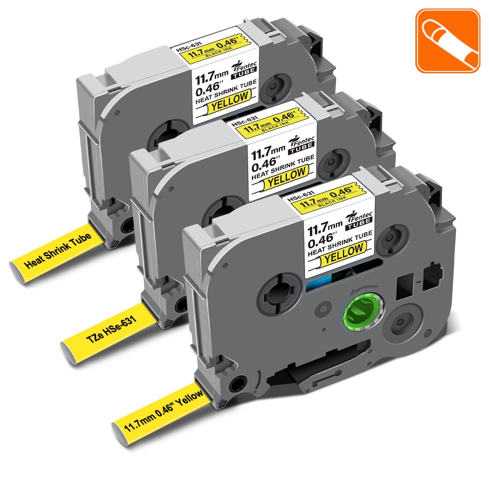 3x compatibles con Brother P-Touch HSE-631, HSE631, HS-631, HS631, 11,7 mm, negro sobre amarillo, cinta termorretráctil para etiquetas, para uso en PT-H110 PT-E300, E500, E550W, P750WVP