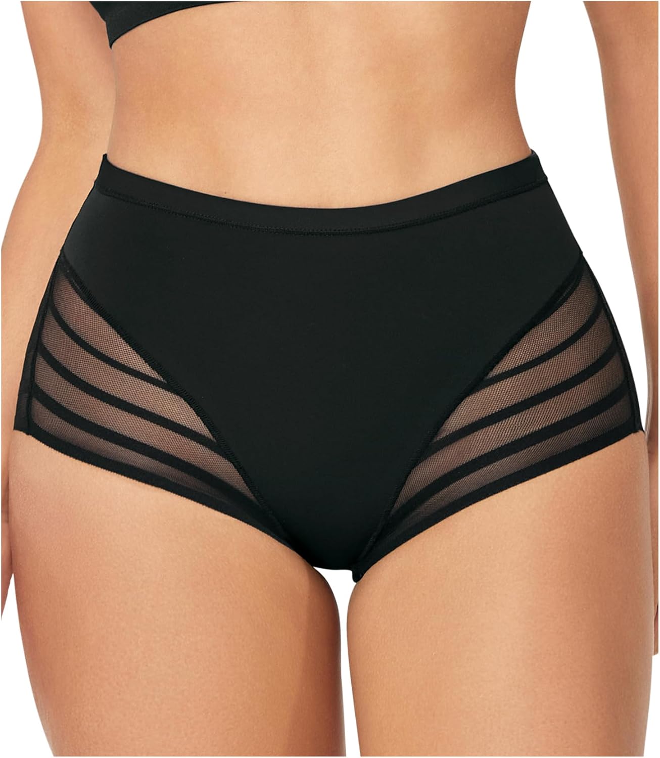 CURVEEZ High Waisted Tummy Control Stripe Lace Underwear, Shapewear Panties for Women, Thong for FUPA Control